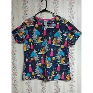 Disney Women's Scrub Top Winnie the Pooh Winter Print V Neck 2 Pocket Sz M